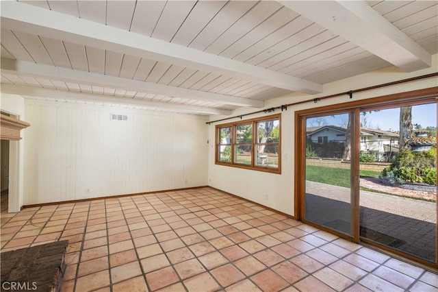 interior space featuring wood ceiling, wooden walls, and beamed ceiling