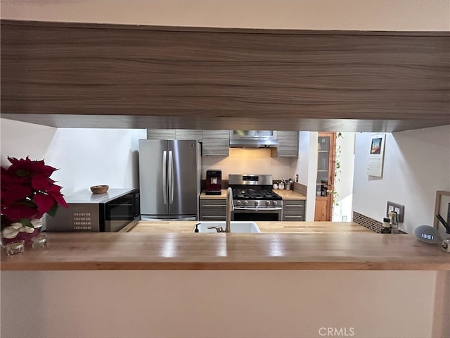 kitchen featuring butcher block counters, sink, kitchen peninsula, and appliances with stainless steel finishes