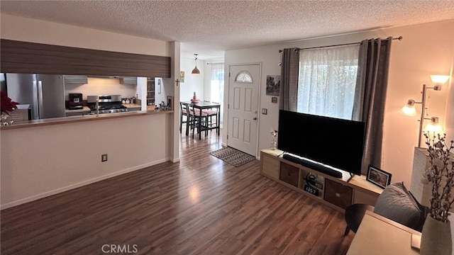 living room featuring plenty of natural light, a textured ceiling, and dark hardwood / wood-style flooring