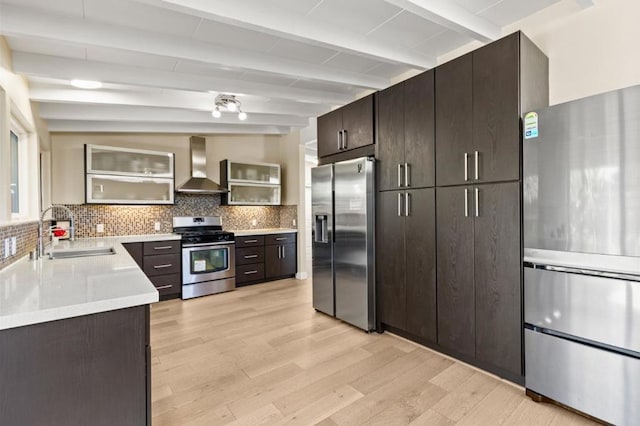 kitchen with wall chimney exhaust hood, sink, tasteful backsplash, dark brown cabinets, and appliances with stainless steel finishes