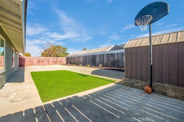 view of yard featuring a shed and a patio area