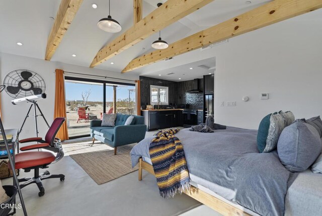 bedroom with access to exterior, lofted ceiling with beams, and concrete floors