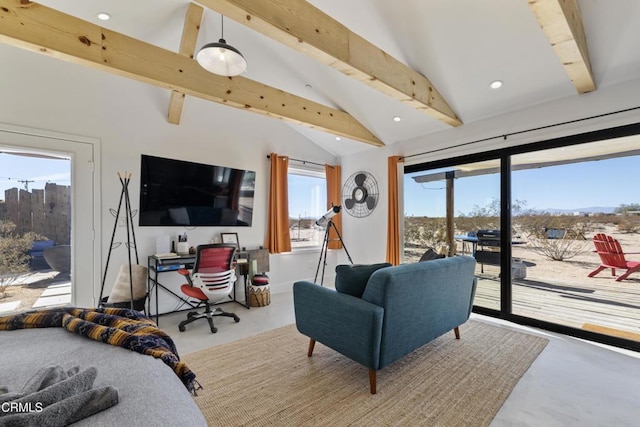 bedroom with lofted ceiling with beams, access to exterior, concrete floors, and multiple windows