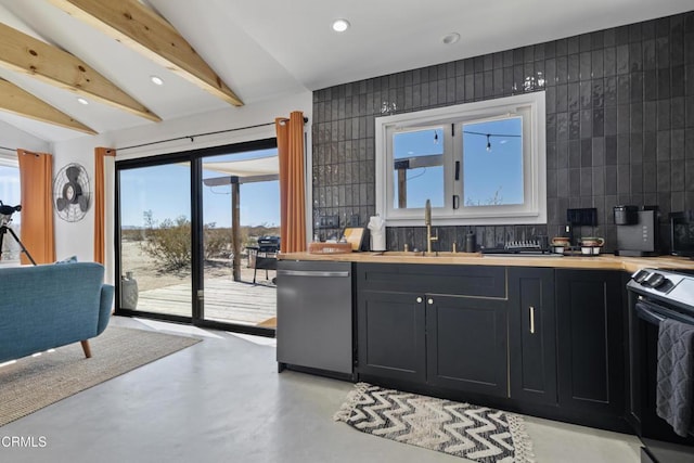 kitchen featuring sink, stove, vaulted ceiling with beams, tasteful backsplash, and stainless steel dishwasher