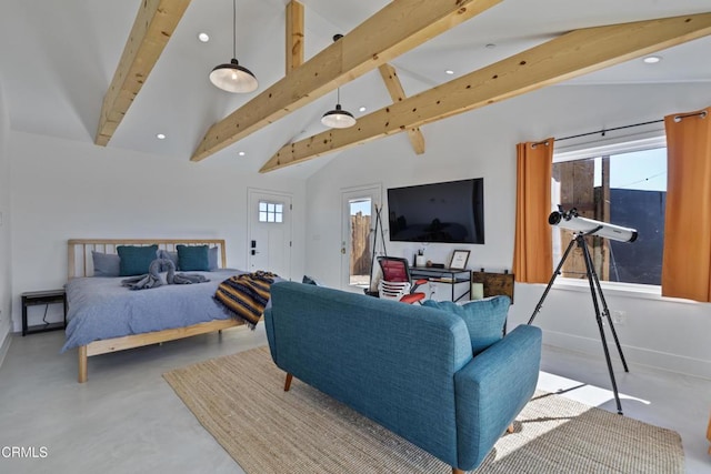 bedroom featuring concrete flooring and lofted ceiling with beams