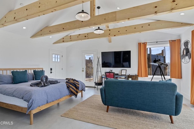 bedroom featuring concrete flooring, multiple windows, and lofted ceiling with beams