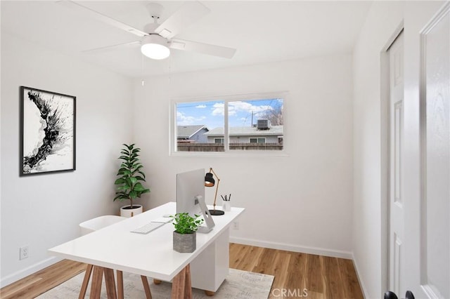 office area featuring ceiling fan and light hardwood / wood-style floors