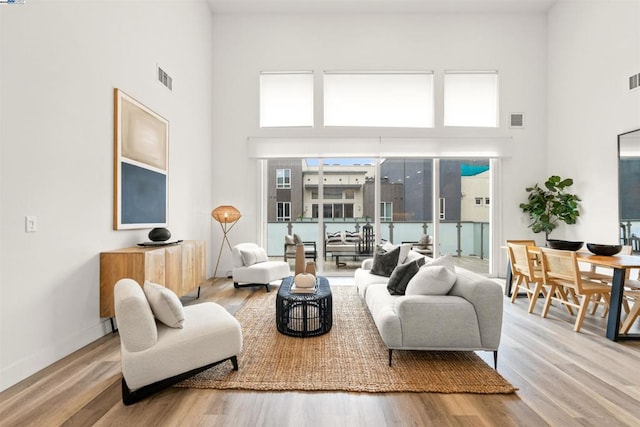 living room featuring wood-type flooring and a high ceiling