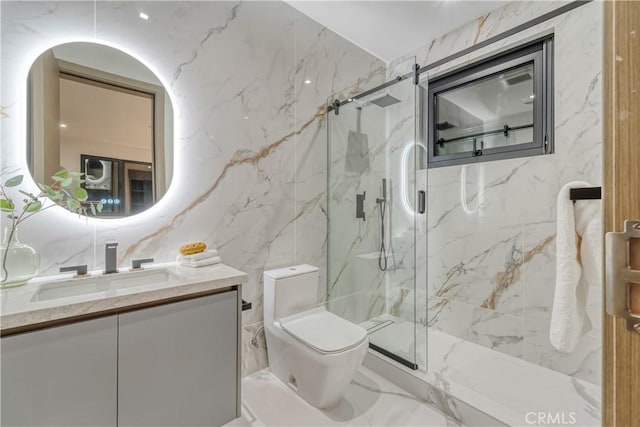 bathroom featuring walk in shower, vanity, and toilet