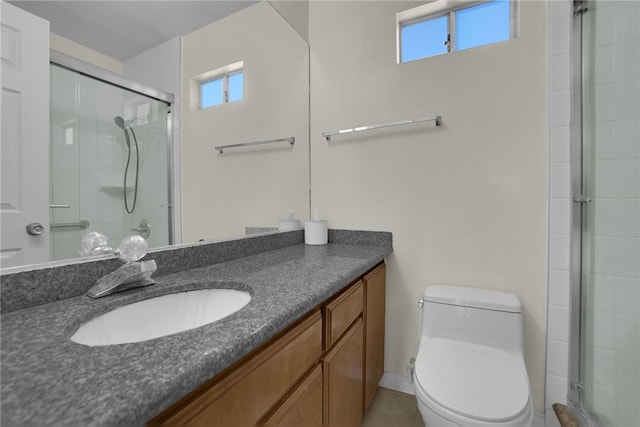 bathroom featuring walk in shower, a healthy amount of sunlight, vanity, and toilet