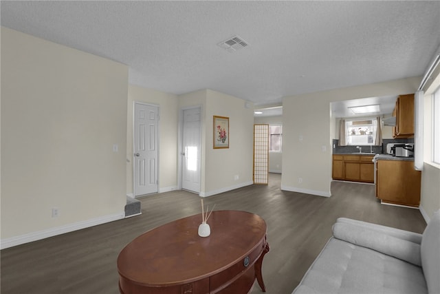 living room with dark hardwood / wood-style floors, sink, and a textured ceiling