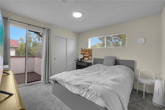 bedroom featuring multiple windows, carpet floors, access to outside, and a closet