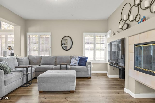 living room featuring dark wood-type flooring and a healthy amount of sunlight