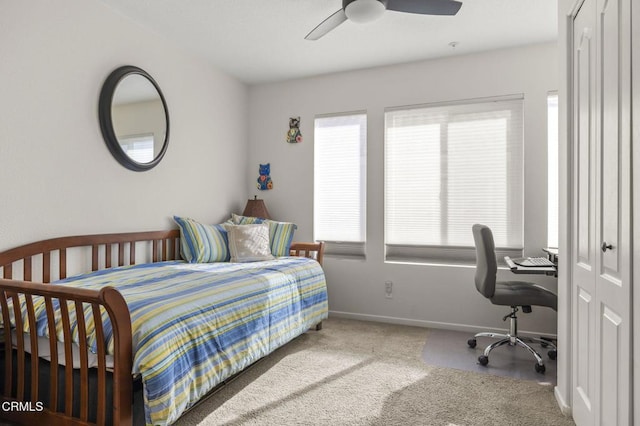 bedroom featuring carpet flooring and ceiling fan