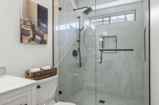 bathroom with vanity, toilet, and a shower with door