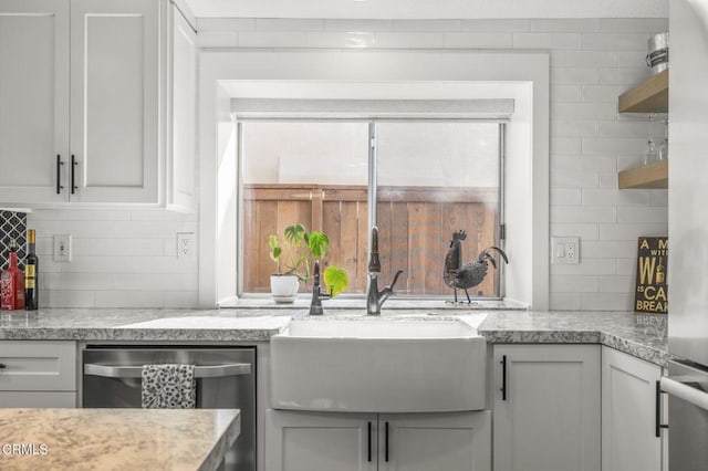 kitchen featuring sink, stainless steel dishwasher, white cabinets, and decorative backsplash