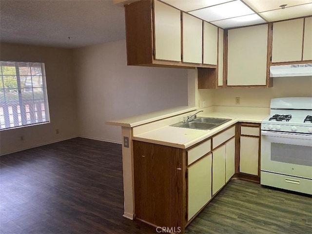 kitchen featuring sink, dark wood-type flooring, white gas range oven, and kitchen peninsula