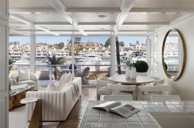 sunroom with coffered ceiling and beam ceiling