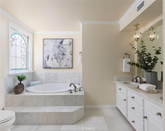 full bathroom with visible vents, ornamental molding, a garden tub, tile patterned flooring, and vanity