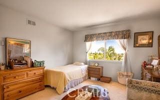 bedroom featuring light colored carpet