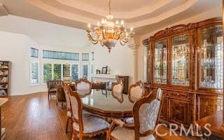 dining space with an inviting chandelier, a tray ceiling, and hardwood / wood-style floors