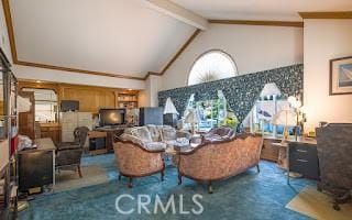 living room with beamed ceiling, a healthy amount of sunlight, carpet flooring, and high vaulted ceiling