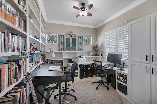 office featuring crown molding, a wealth of natural light, and ceiling fan