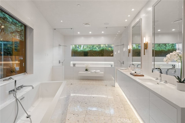 4727 Alonzo Ave, Encino, CA 91316 - bathroom with vanity, shower with separate bathtub, and tile walls