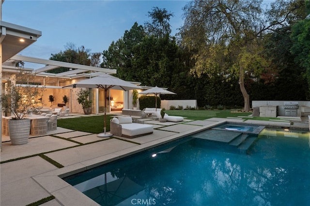 4727 Alonzo Ave, Encino, CA 91316 - pool at dusk featuring area for grilling and a patio area