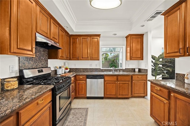 kitchen with sink, crown molding, appliances with stainless steel finishes, a raised ceiling, and dark stone counters