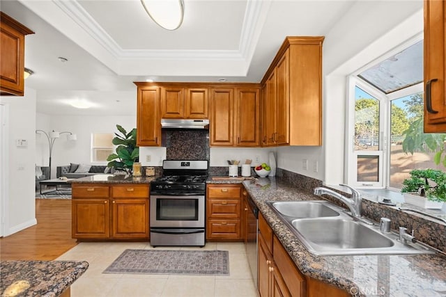 kitchen featuring light tile patterned flooring, sink, ornamental molding, appliances with stainless steel finishes, and a raised ceiling