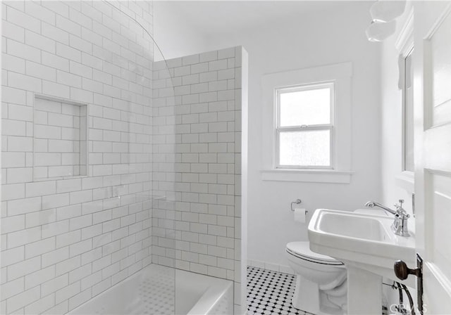 full bathroom featuring sink, toilet, separate shower and tub, and tile patterned flooring