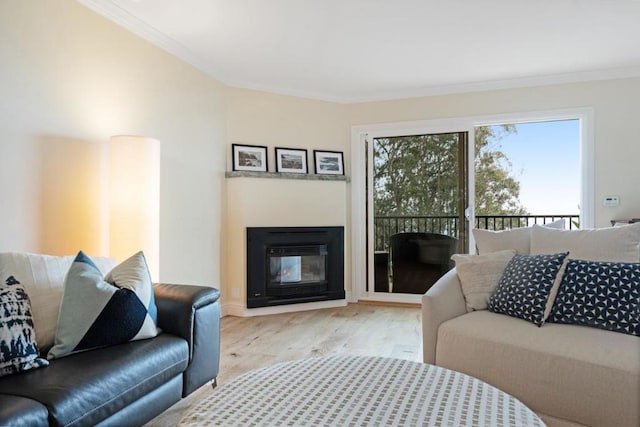 living room with ornamental molding and light hardwood / wood-style floors