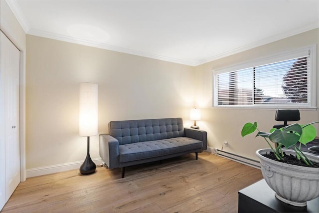 sitting room with crown molding, a baseboard radiator, and light hardwood / wood-style floors