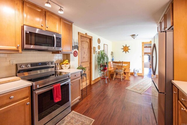 kitchen with dark wood-type flooring, appliances with stainless steel finishes, and tasteful backsplash