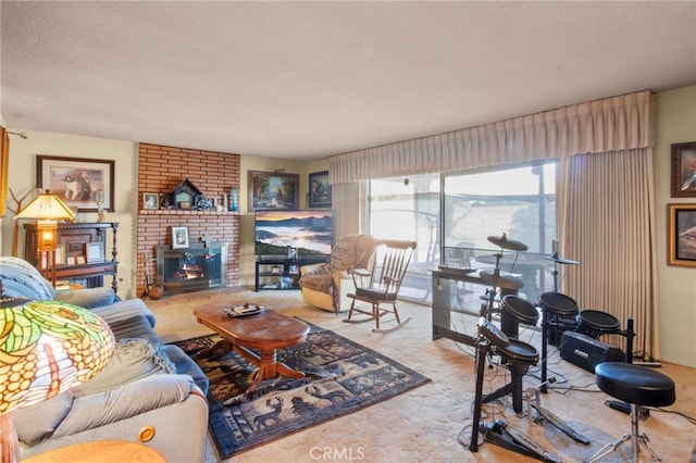 carpeted living room with a textured ceiling