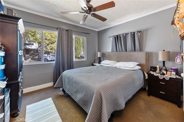 carpeted bedroom with ceiling fan, crown molding, and a textured ceiling