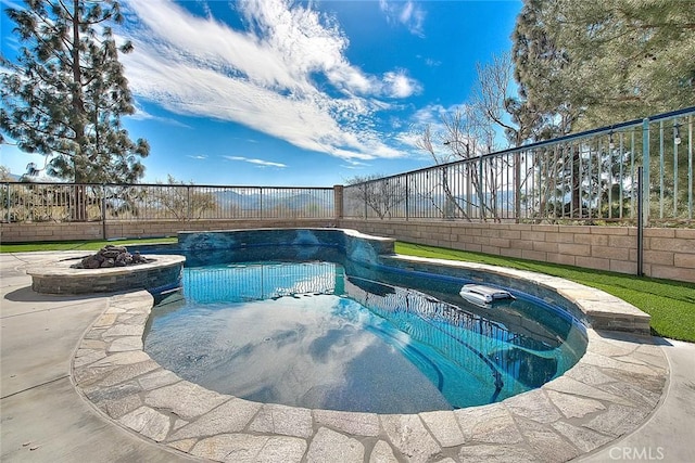 5761 John Bixby Ln, Yorba Linda, CA 92887 - view of swimming pool with a fire pit, a hot tub, and a fenced backyard