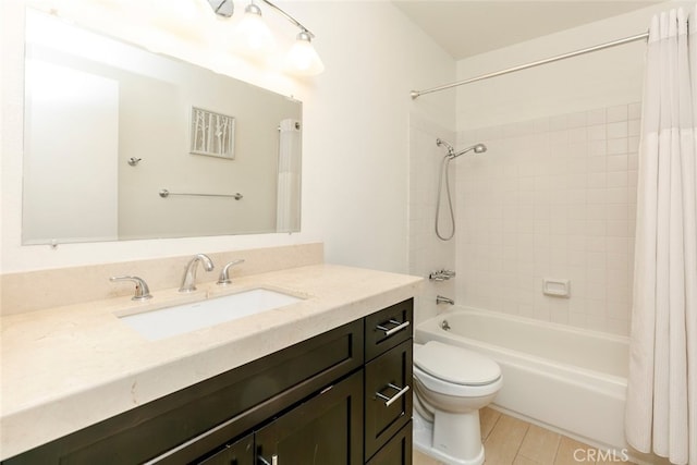 full bathroom featuring vanity, wood-type flooring, toilet, and shower / bath combo with shower curtain