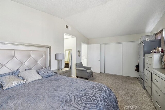 carpeted bedroom featuring lofted ceiling, a textured ceiling, and a closet