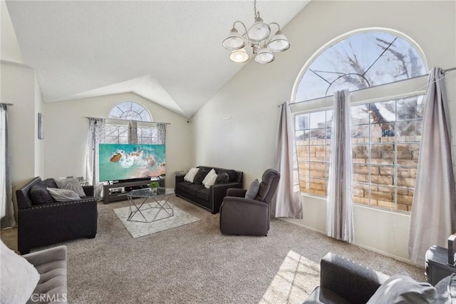 carpeted living room with vaulted ceiling and a chandelier