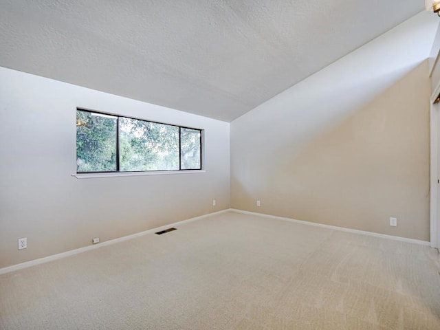 empty room with lofted ceiling, light carpet, and a textured ceiling