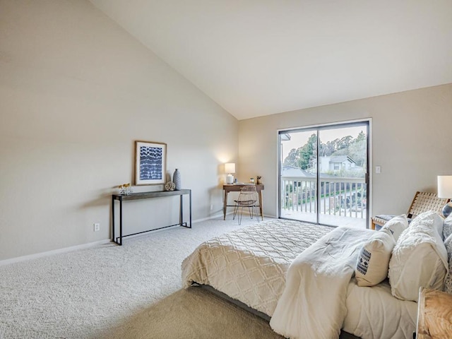 bedroom featuring carpet flooring, access to outside, and high vaulted ceiling