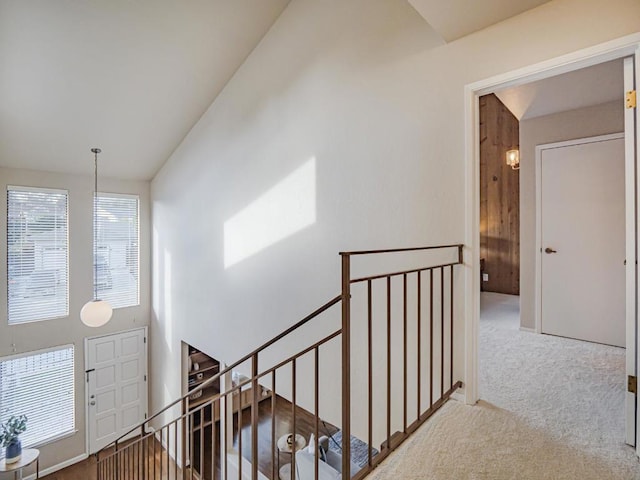 hall featuring high vaulted ceiling and carpet flooring