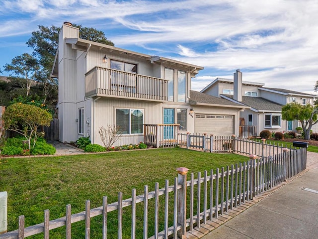 townhome / multi-family property featuring a garage, a front yard, and a balcony