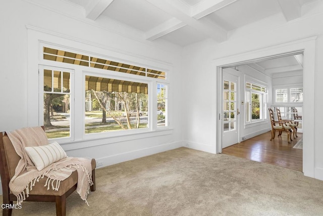 living area with beam ceiling, a wealth of natural light, carpet floors, and coffered ceiling