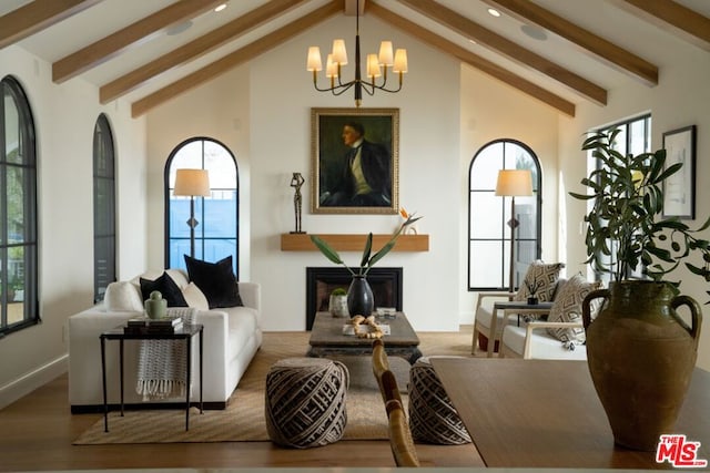 living room with beamed ceiling, a healthy amount of sunlight, and wood-type flooring