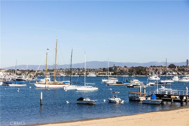 view of water feature featuring a mountain view and a beach view