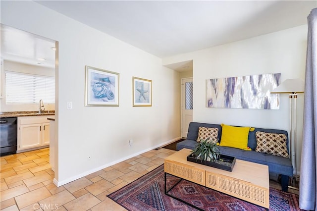 living area with stone finish flooring and baseboards