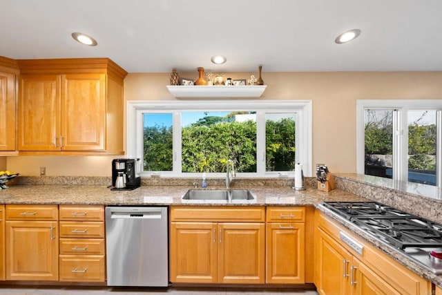 6130 Terryhill Dr, La Jolla, CA 92037 - kitchen featuring stainless steel appliances, a sink, light stone counters, and recessed lighting